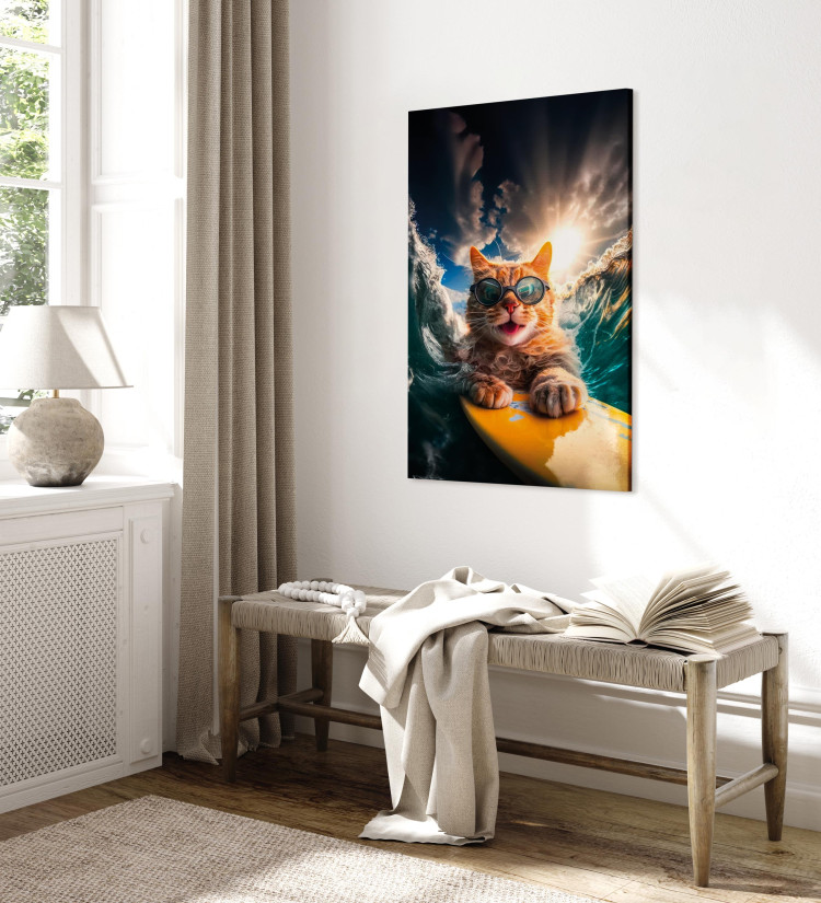 Canvas Art Print AI Cat - Ginger Animal Surfing on a Board in a Stormy Sea - Vertical 150242 additionalImage 10