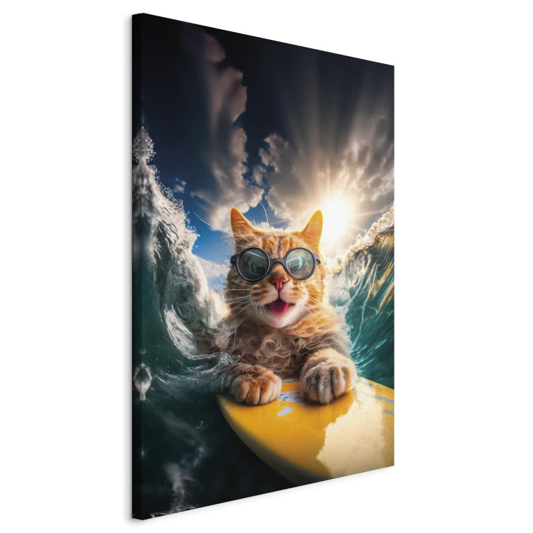 Canvas Art Print AI Cat - Ginger Animal Surfing on a Board in a Stormy Sea - Vertical 150242 additionalImage 2