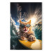Canvas Art Print AI Cat - Ginger Animal Surfing on a Board in a Stormy Sea - Vertical 150242