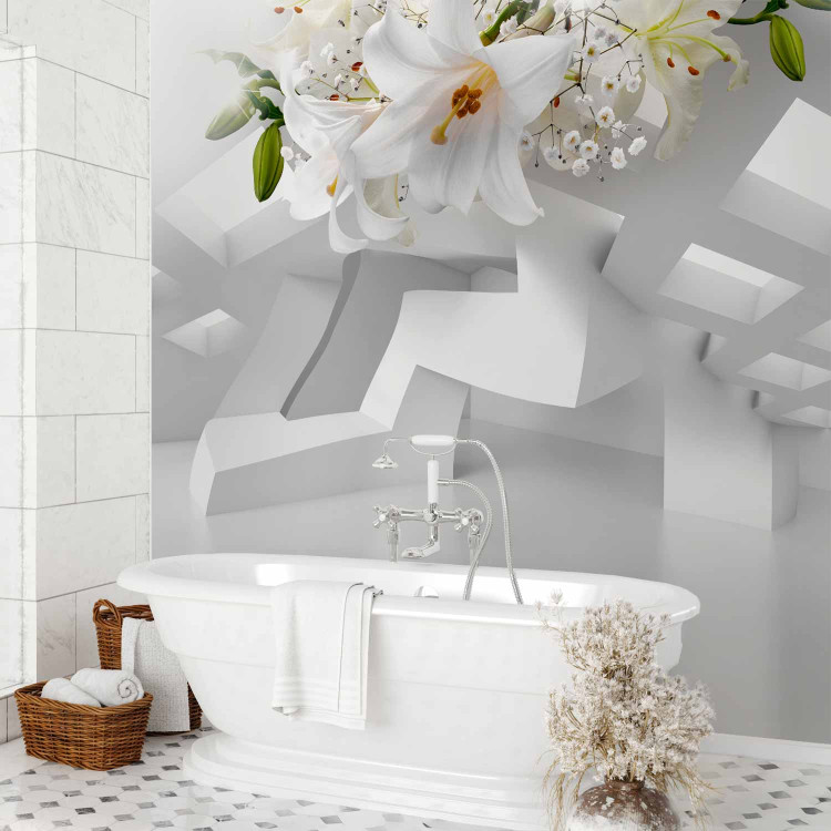 Wall Mural Abstract mirage in white - spatial composition with white lilies 97942 additionalImage 8