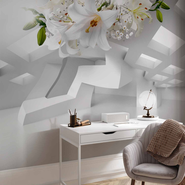 Wall Mural Abstract mirage in white - spatial composition with white lilies 97942 additionalImage 4