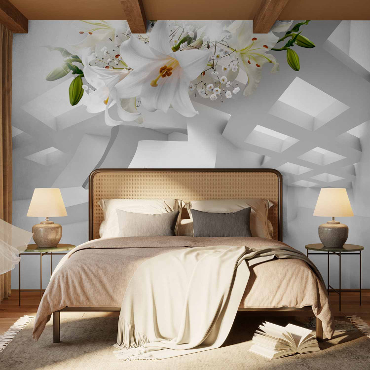 Wall Mural Abstract mirage in white - spatial composition with white lilies 97942 additionalImage 2