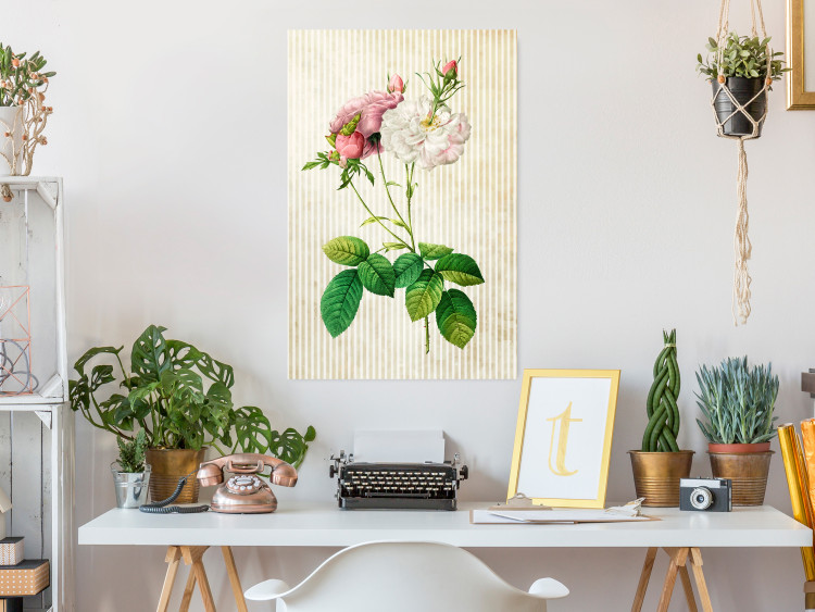 Wall Poster Floral Chic - colorful composition with flowers and beige stripes in the background 117352 additionalImage 23