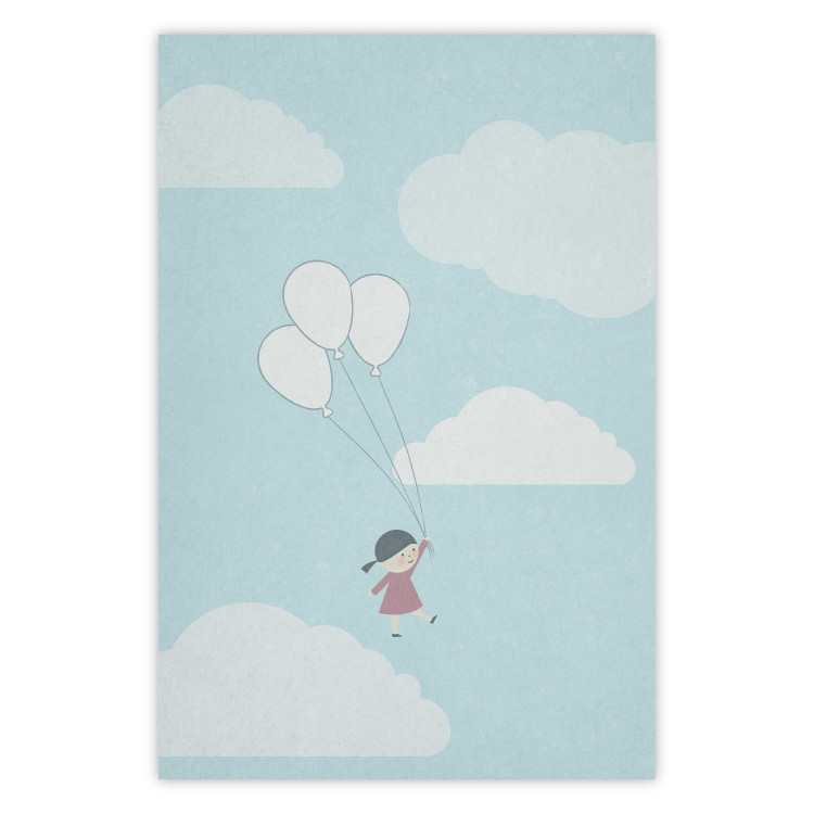 Poster Dreamy Adventure - girl with balloons against sky with clouds 130552