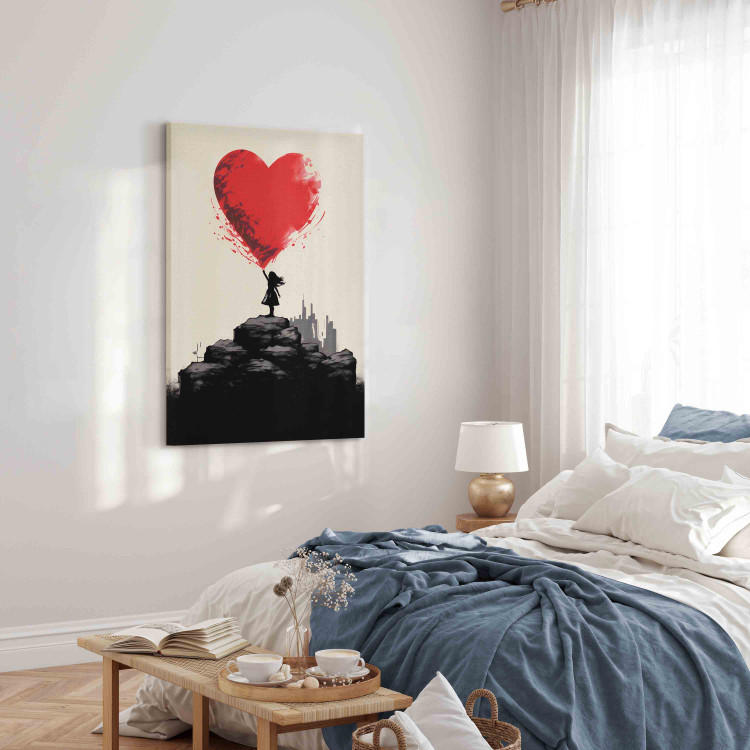Canvas Art Print Red Heart - A Figure With a Balloon on a City Background Inspired by Banksy 151752 additionalImage 4