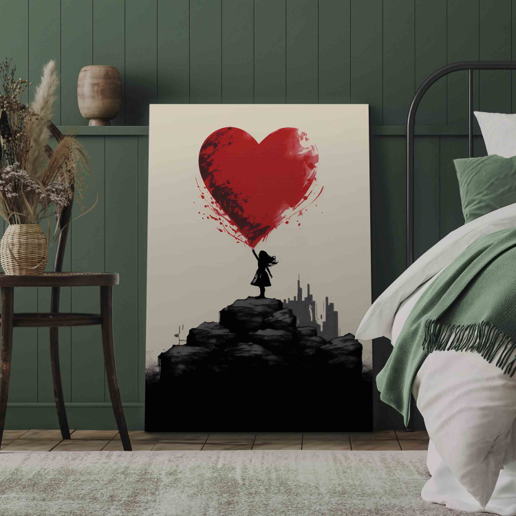 Canvas Art Print Red Heart - A Figure With a Balloon on a City Background Inspired by Banksy 151752 additionalImage 3