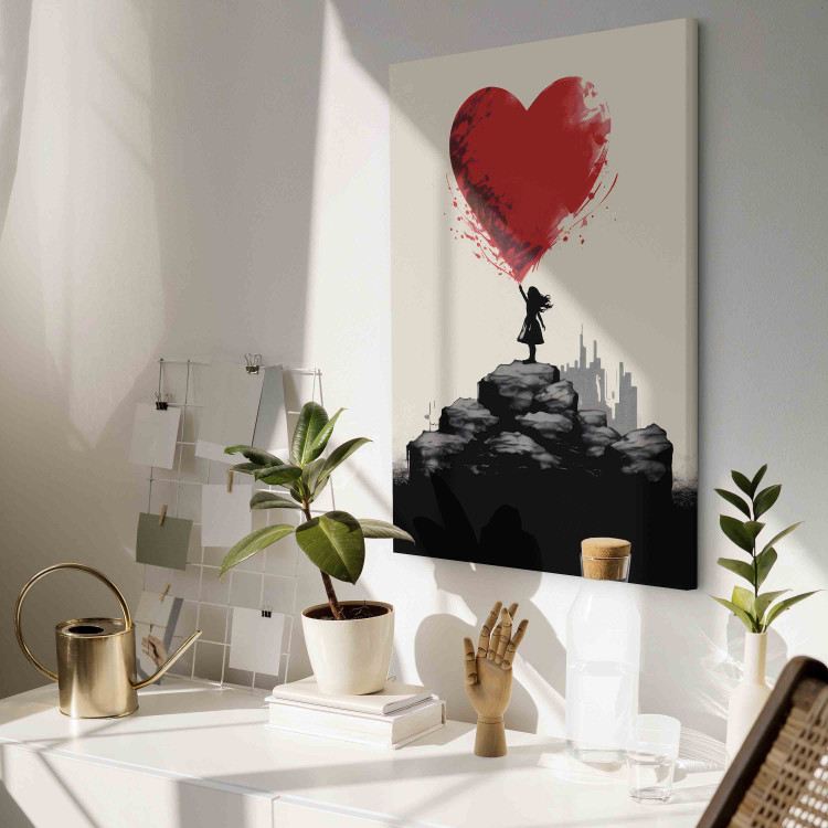 Canvas Art Print Red Heart - A Figure With a Balloon on a City Background Inspired by Banksy 151752 additionalImage 11