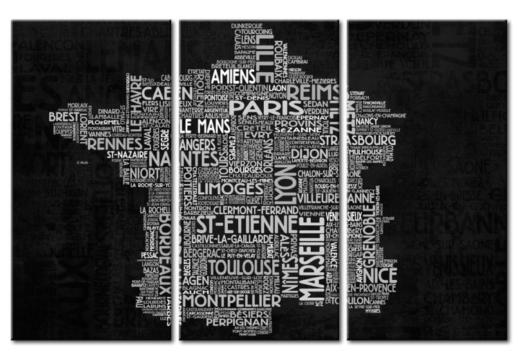 Canvas Typographic France (3-part) - inscriptions arranged in the shape of the country 55252