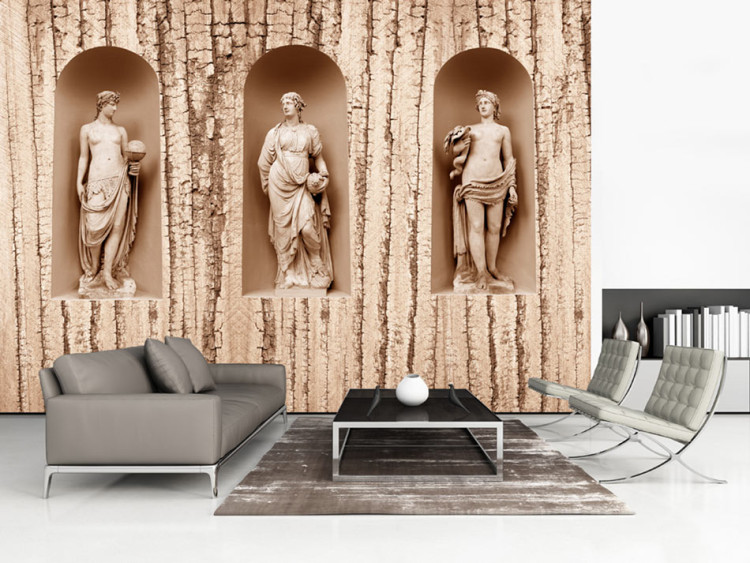 Wall Mural Cultural Blend - three ancient figures on retro-style wooden backdrop 61952