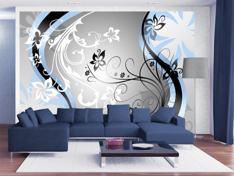 Wall Mural Blue floral esy-flores - abstract of flowers on a silver background 96652