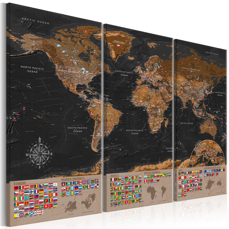 Canvas Print World: Brown Map II - World Map in English with Country Flags 98052 additionalImage 2