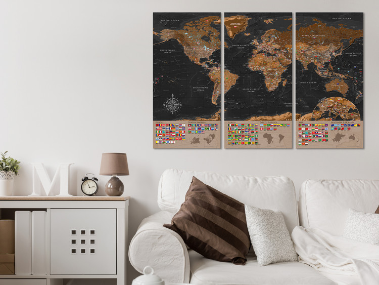 Canvas Print World: Brown Map II - World Map in English with Country Flags 98052 additionalImage 3