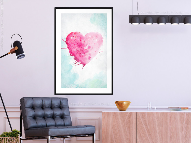 Poster Watercolor Love - composition with a pink heart on a blue background 114562 additionalImage 6