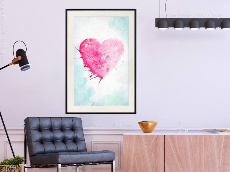 Poster Watercolor Love - composition with a pink heart on a blue background 114562 additionalImage 23