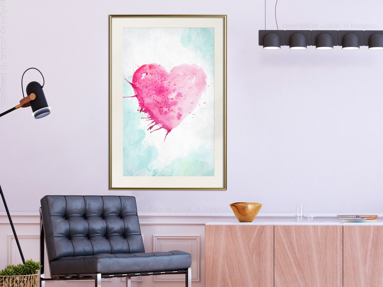 Poster Watercolor Love - composition with a pink heart on a blue background 114562 additionalImage 24
