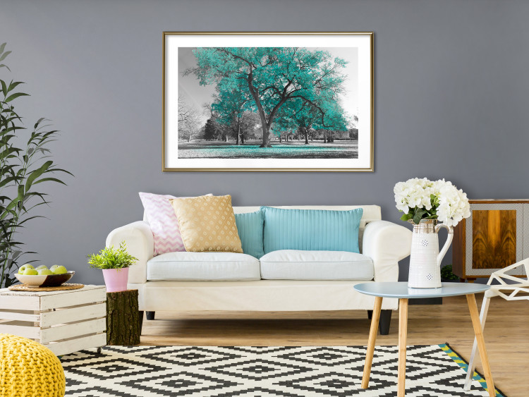 Wall Poster Autumn in the Park (Turquoise) - gray autumn tree and turquoise leaves 122762 additionalImage 13