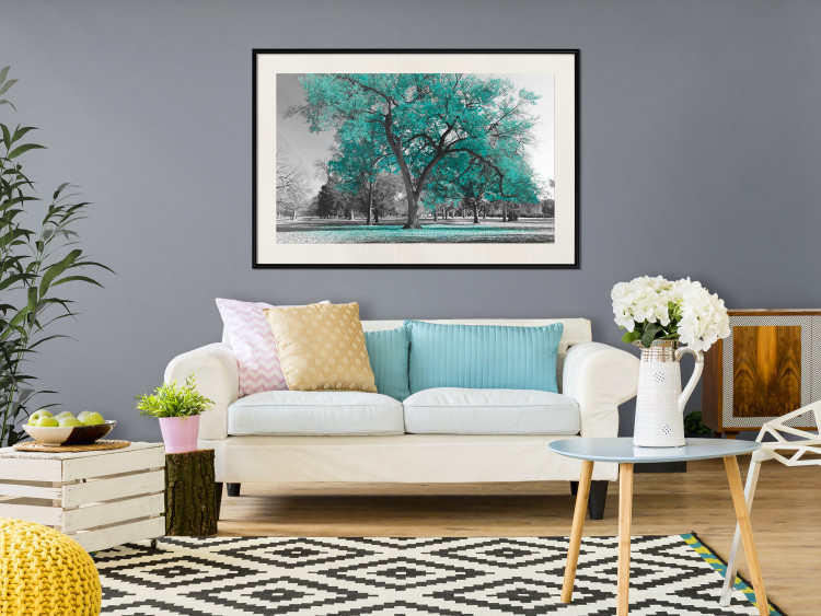 Wall Poster Autumn in the Park (Turquoise) - gray autumn tree and turquoise leaves 122762 additionalImage 22
