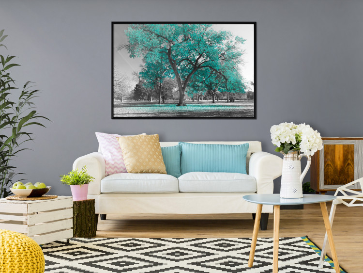 Wall Poster Autumn in the Park (Turquoise) - gray autumn tree and turquoise leaves 122762 additionalImage 9