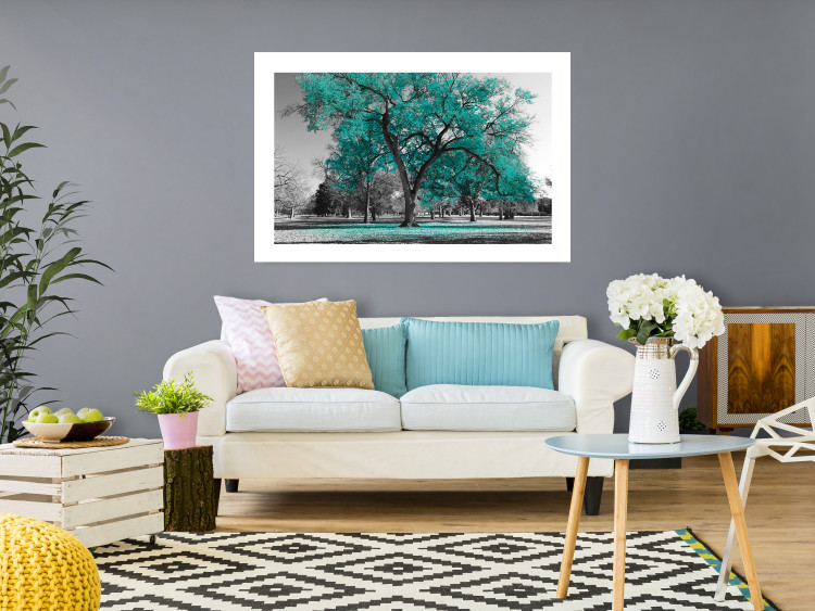 Wall Poster Autumn in the Park (Turquoise) - gray autumn tree and turquoise leaves 122762 additionalImage 4