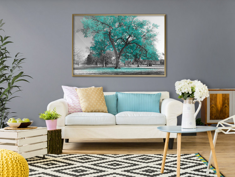 Wall Poster Autumn in the Park (Turquoise) - gray autumn tree and turquoise leaves 122762 additionalImage 7