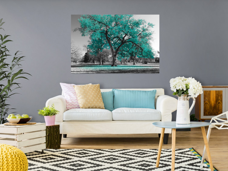 Wall Poster Autumn in the Park (Turquoise) - gray autumn tree and turquoise leaves 122762 additionalImage 23