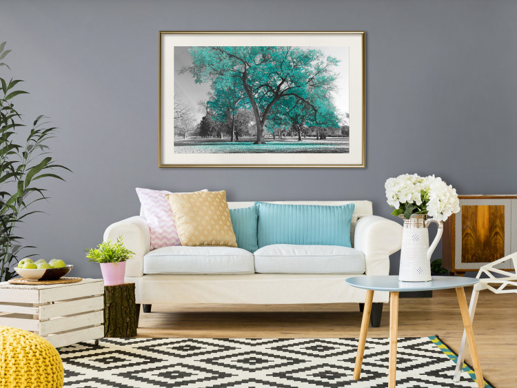 Wall Poster Autumn in the Park (Turquoise) - gray autumn tree and turquoise leaves 122762 additionalImage 21