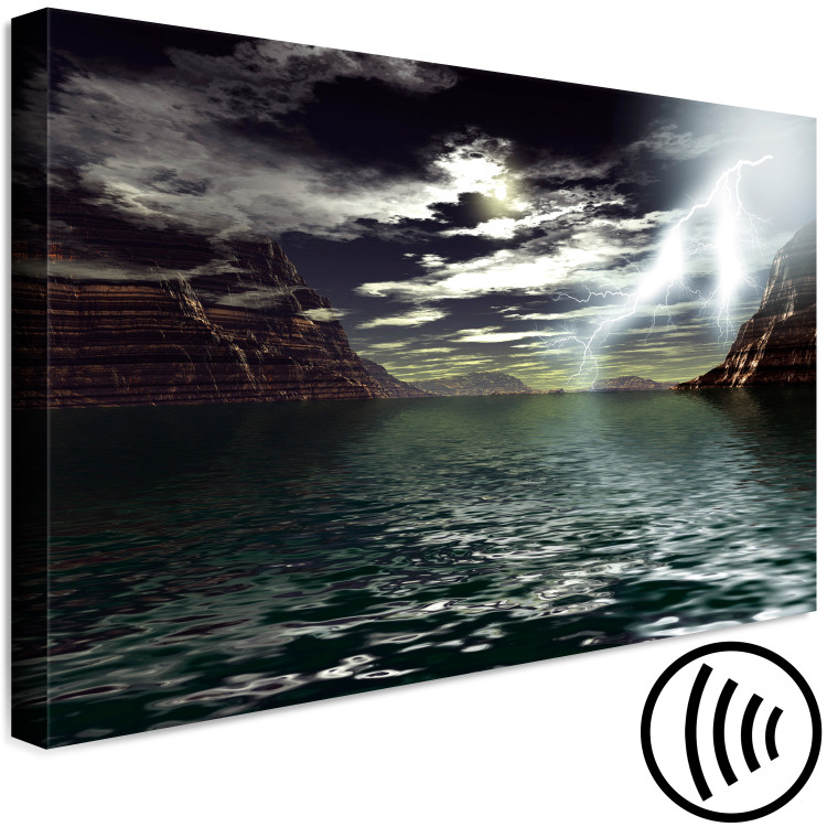 Canvas Art Print Night storm over the lake - landscape with lightning, rocks and clouds 123462 additionalImage 6