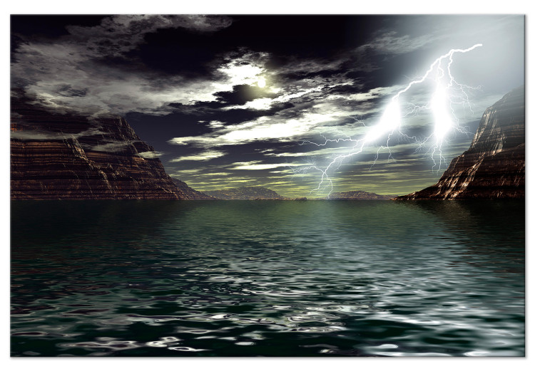 Canvas Art Print Night storm over the lake - landscape with lightning, rocks and clouds 123462