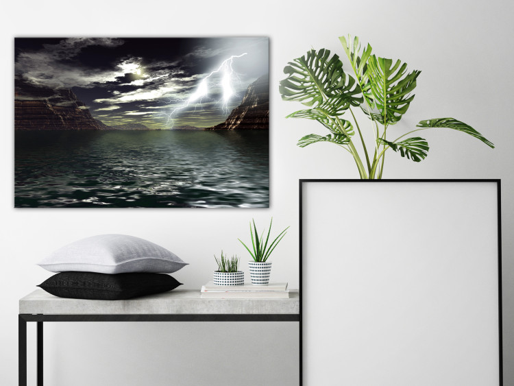 Canvas Art Print Night storm over the lake - landscape with lightning, rocks and clouds 123462 additionalImage 3
