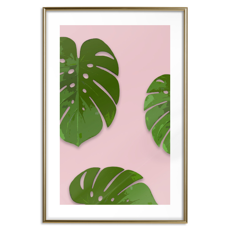 Wall Poster Fragment of Exoticism - tropical green monstera leaves on a pink background 127062 additionalImage 16