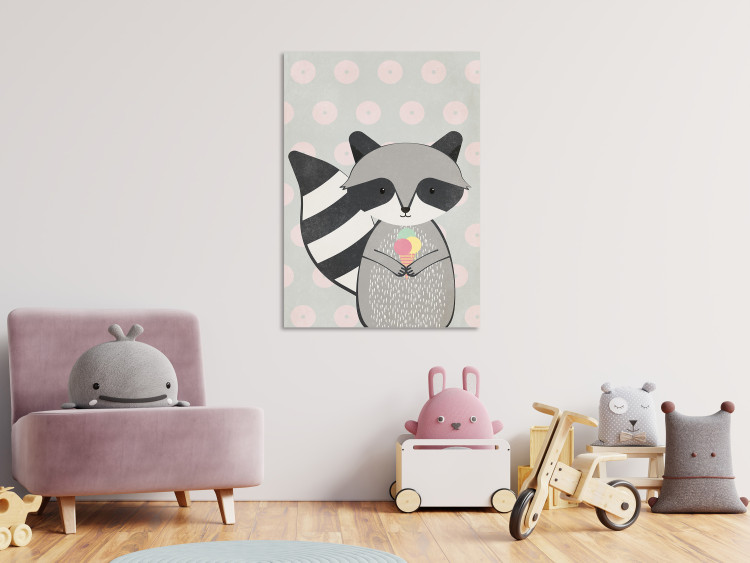 Canvas Art Print Raccoon Gourmet (1-part) vertical - pastel animal with ice cream 129562 additionalImage 3