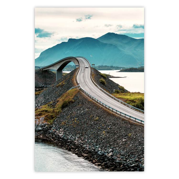 Wall Poster Road through Lakes - landscape of a road and bridge against tall mountains 138762