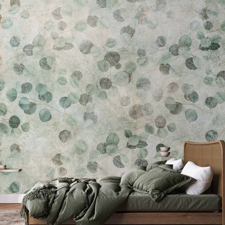 Wall Mural Plant dance - delicate leaves in green on a concrete-textured background 143862 additionalImage 2