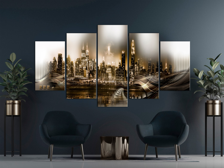 Canvas Print Sleeping City (5-piece) Wide - New York City in warm tones 149062 additionalImage 3
