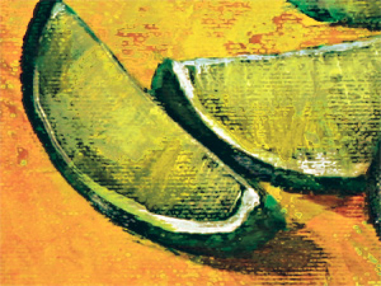 Canvas Art Print Still Life (3-piece) - Composition with limes on an orange background 48462 additionalImage 3