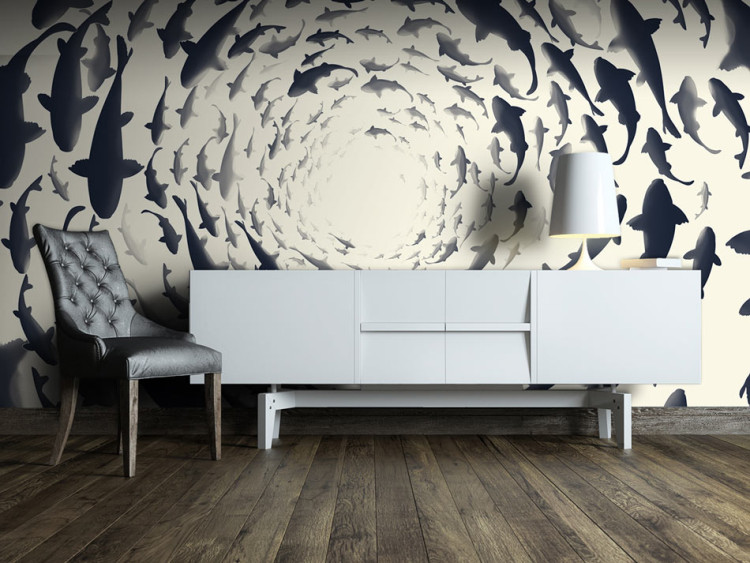 Wall Mural Turmoil among animals - fish in shades of grey on a white background 94762