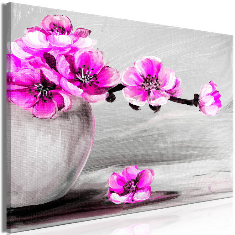 Canvas Art Print Grey vase with pink flowers - still life with magnolia branch 123372 additionalImage 2