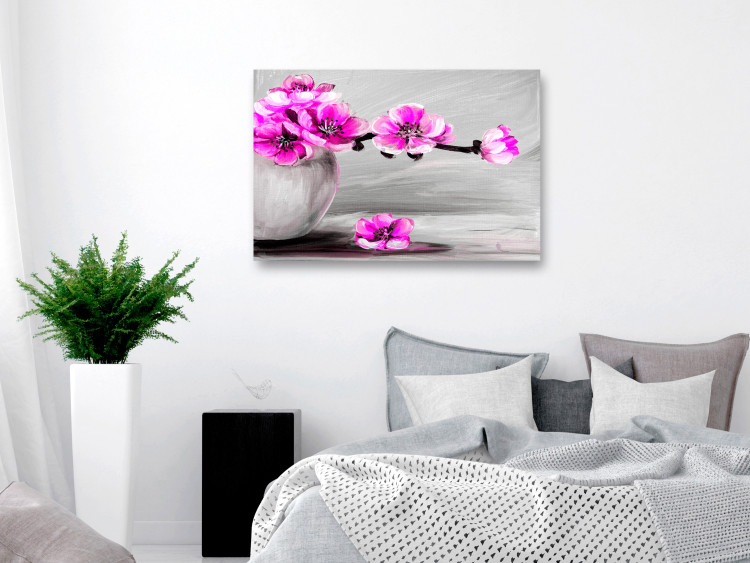Canvas Art Print Grey vase with pink flowers - still life with magnolia branch 123372 additionalImage 3