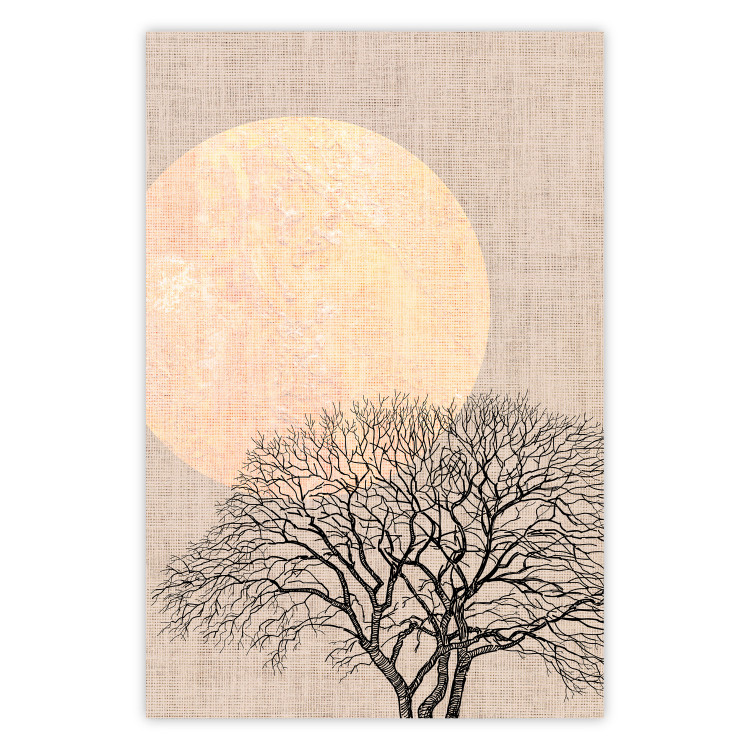 Poster Morning Full Moon - tree and yellow moon on fabric texture 123772