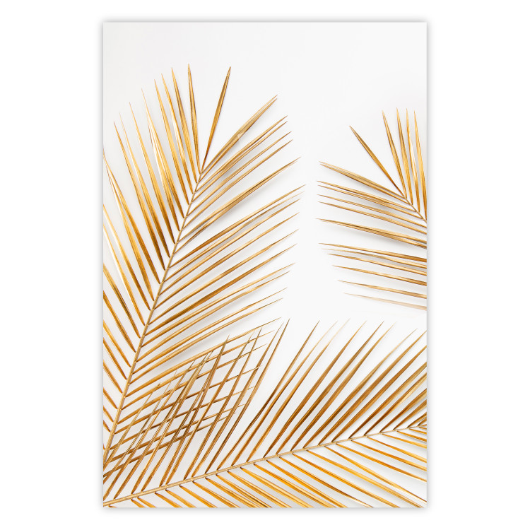 Wall Poster Golden Palms - tropical golden leaves on a contrasting white background 125872