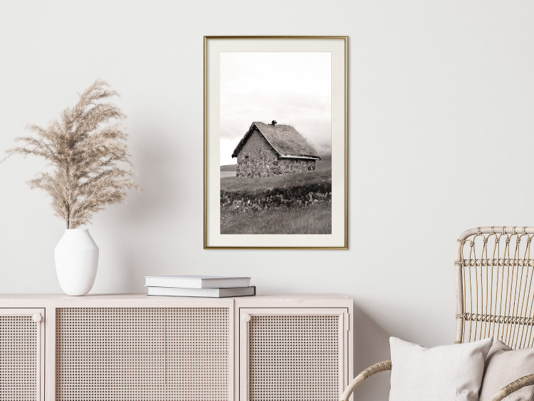 Wall Poster Fisherman's Hut - landscape of a field and a stone house against a clear sky 130272 additionalImage 22