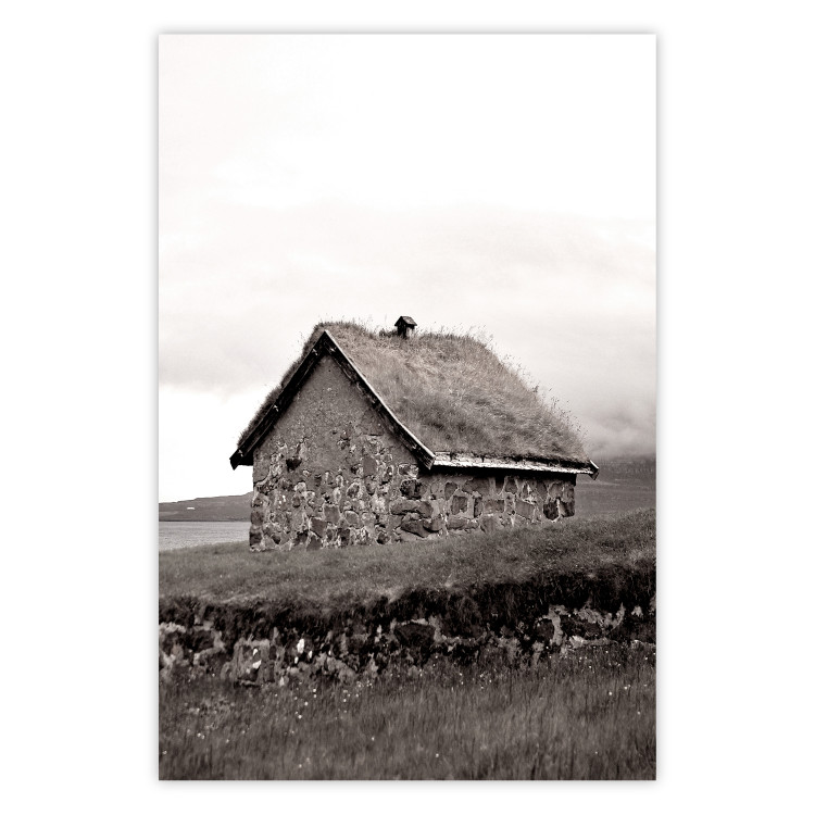 Wall Poster Fisherman's Hut - landscape of a field and a stone house against a clear sky 130272