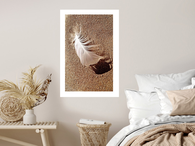 Poster Feather on the Sand - seascape of a beach with a white feather in bright light 130372 additionalImage 3