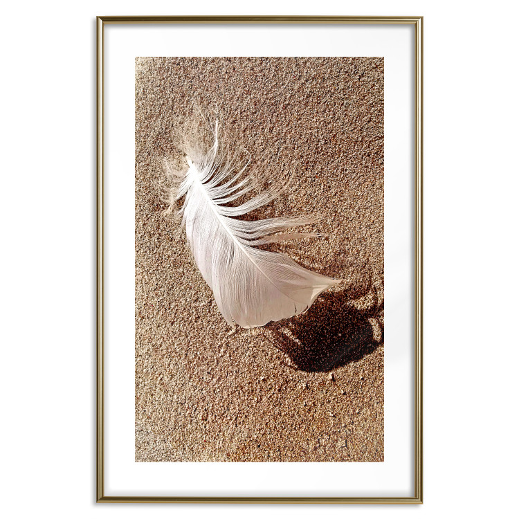 Poster Feather on the Sand - seascape of a beach with a white feather in bright light 130372 additionalImage 14