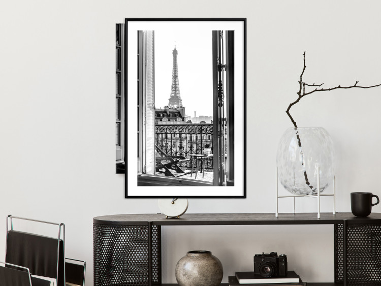 Poster Balcony View - black and white landscape view from a window overlooking the Eiffel Tower 132272 additionalImage 18