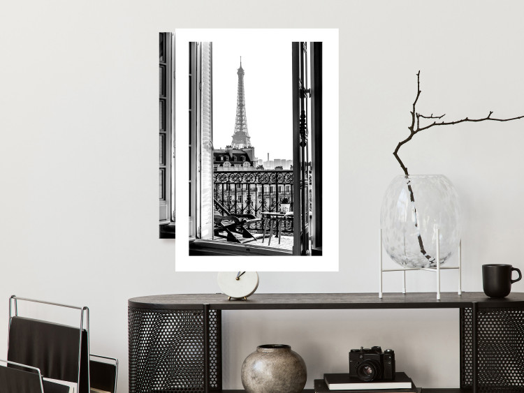 Poster Balcony View - black and white landscape view from a window overlooking the Eiffel Tower 132272 additionalImage 3