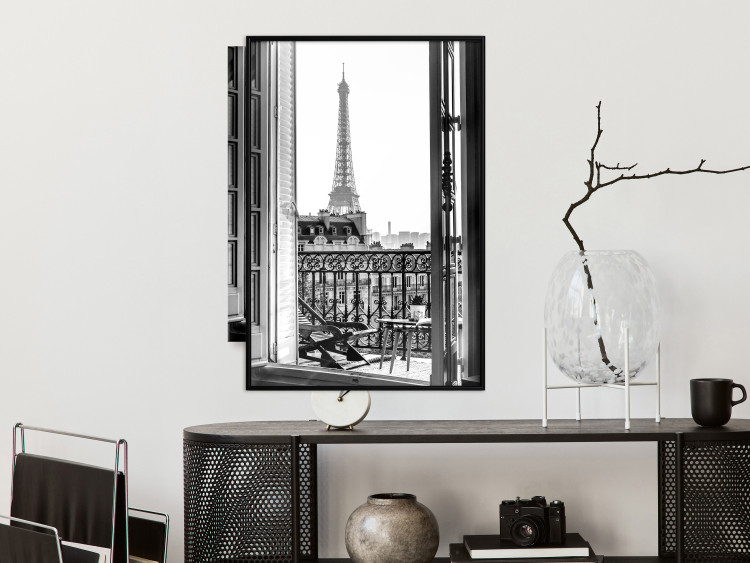 Poster Balcony View - black and white landscape view from a window overlooking the Eiffel Tower 132272 additionalImage 4