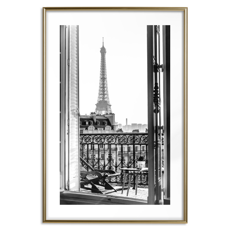 Poster Balcony View - black and white landscape view from a window overlooking the Eiffel Tower 132272 additionalImage 14