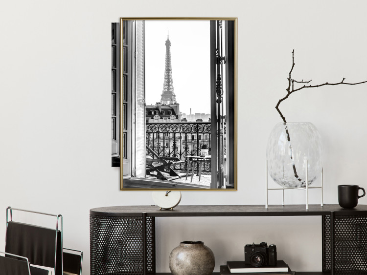 Poster Balcony View - black and white landscape view from a window overlooking the Eiffel Tower 132272 additionalImage 5
