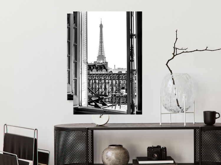 Poster Balcony View - black and white landscape view from a window overlooking the Eiffel Tower 132272 additionalImage 2
